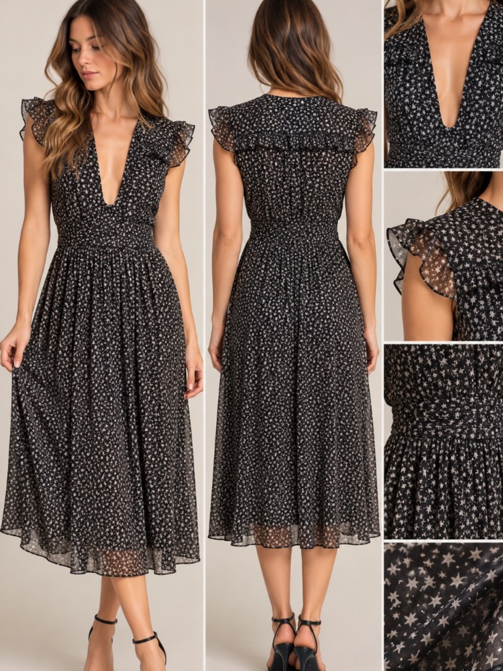 Jill Stuart 12 Black Star Sheer Ruffle Dress Whimsigoth Celestial Silk Goth L